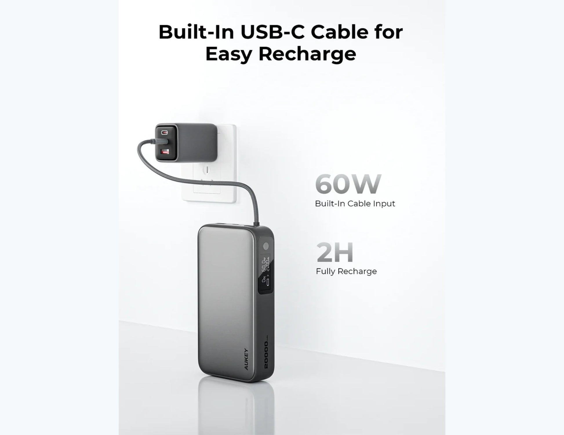 Aukey PB-Y43P Sprint X 130W PD 20000mAh Power Bank – Gray with USB-C cable and charging adapter on a white background