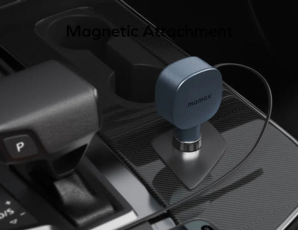 Momax 1-Move⁺ 2-Port Car Charger With Built-In Retractable Cable 60W (UC19E) on a car dashboard, featuring the brand 'momax'.