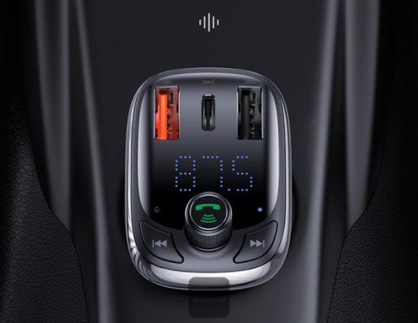 Car charger with digital display and control buttons on a dark background