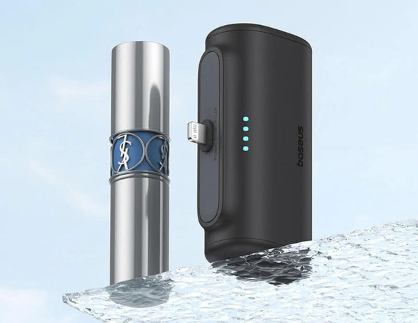 Two electronic devices, one silver and cylindrical, the other black and rectangular with a brand logo, on a light blue background.