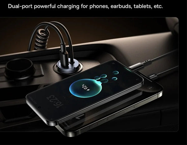 Phone being charged on a dual-port charging station with text 'Dual-port powerful charging for phones, earbuds, tablets, etc.'.