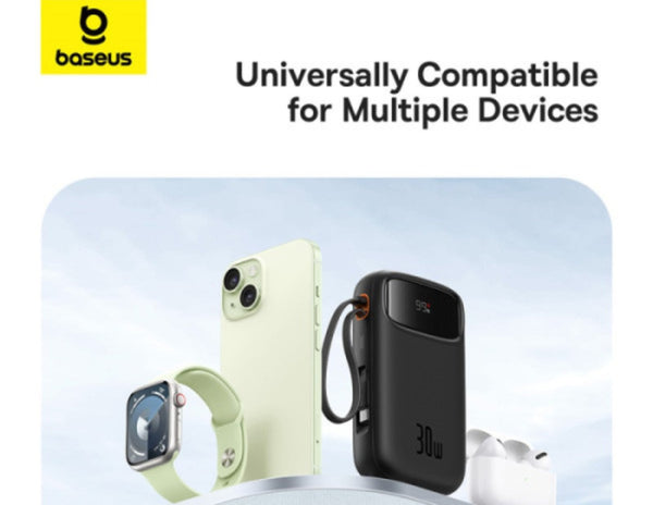 Baseus power bank with smartphone, smartwatch, and phone case on a light blue background