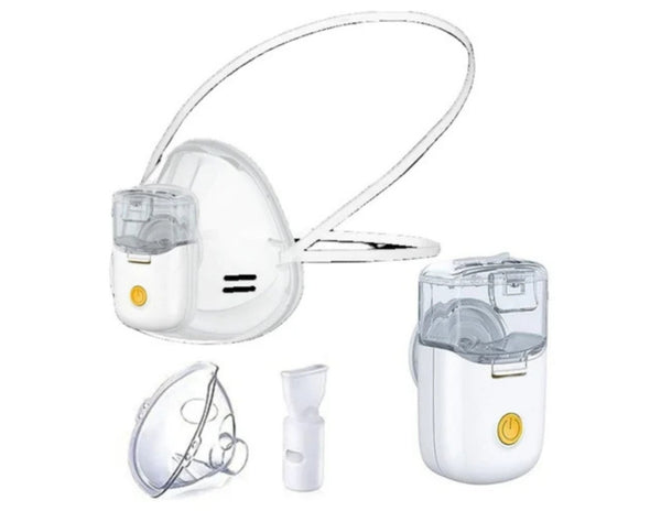 Nebulizer device with mask and carrying case on a white background