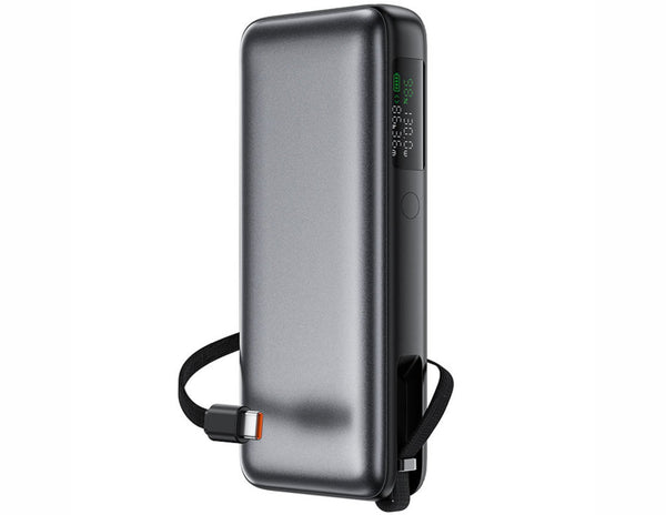Silver power bank with digital display on a white background