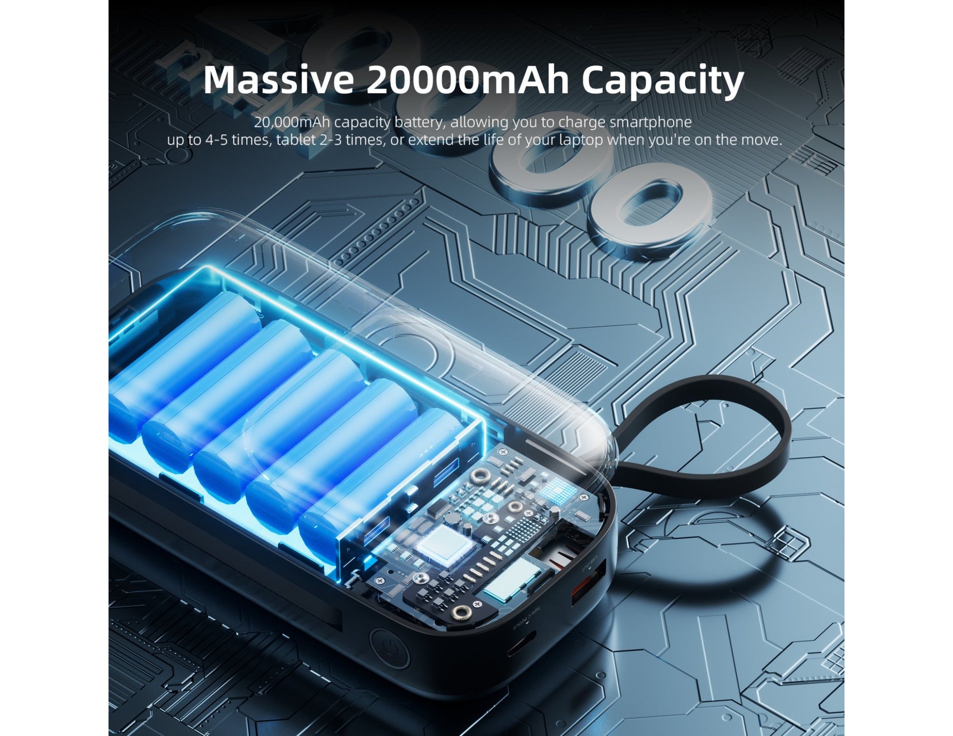 Battery pack with 20000mAh capacity on a circuit board background