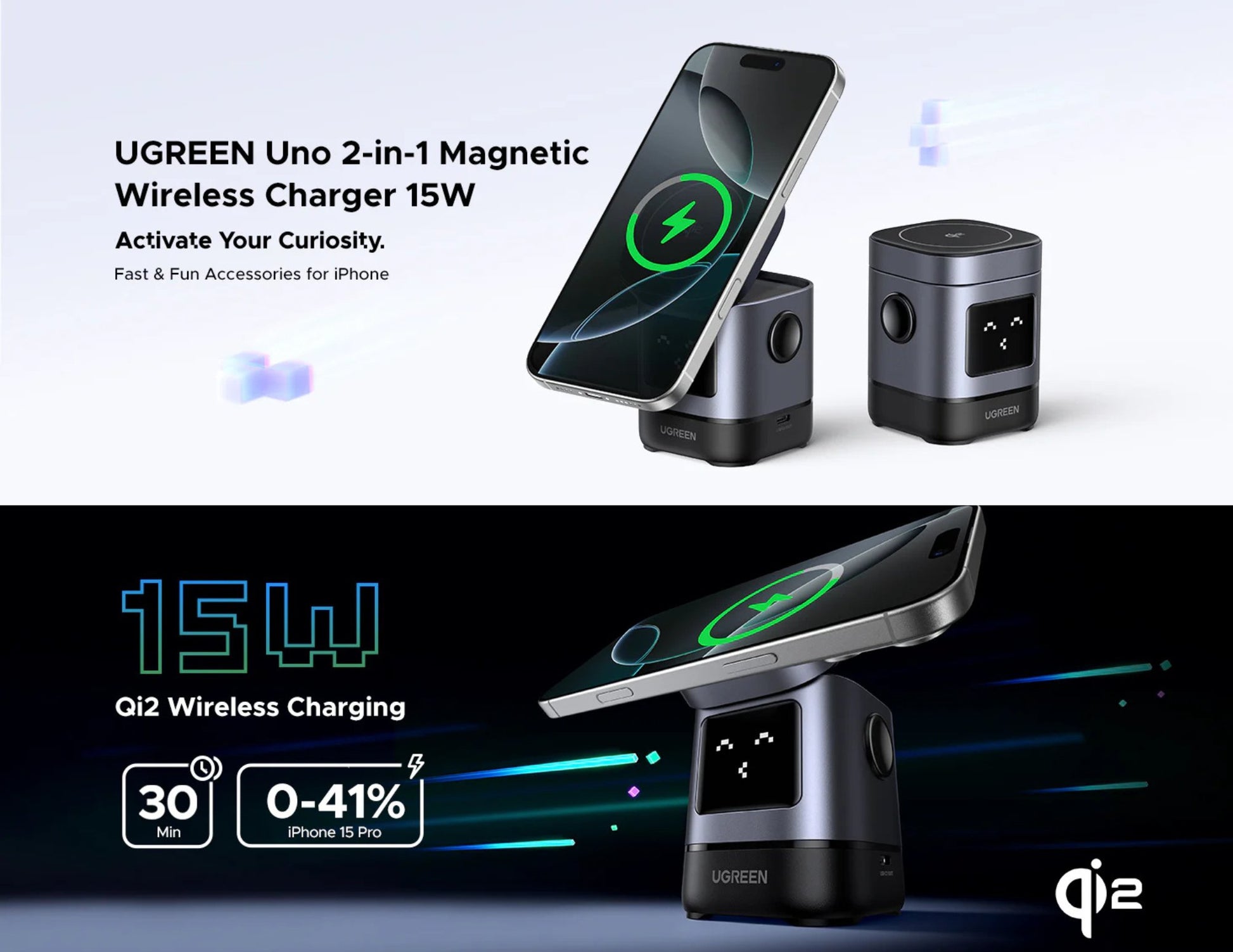 UGREEN Uno 2-in-1 Magnetic Wireless Charger with smartphone and camera on a white background