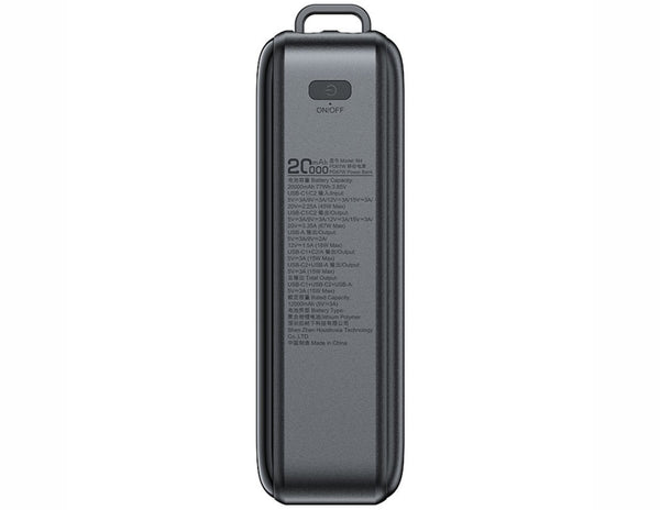 Black power bank with text on a white background