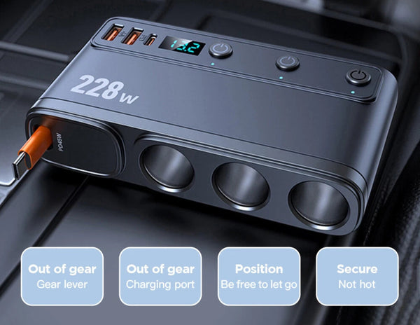Power adapter with multiple ports and digital display on a dark background