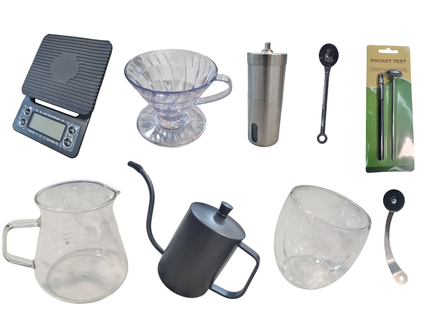 Collection of coffee brewing equipment including a scale, filter, tumbler, and various cups on a white background.