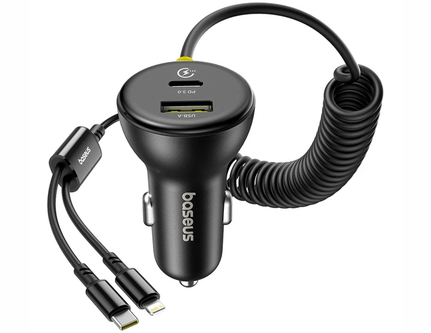Baseus Circular Plastic Car Charger 60W + Spring Cable with multiple ports on a white background