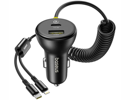 Baseus Circular Plastic Car Charger 60W + Spring Cable with multiple ports on a white background