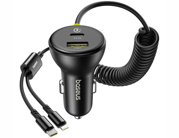 Baseus Circular Plastic Car Charger 60W + Spring Cable with multiple ports on a white background