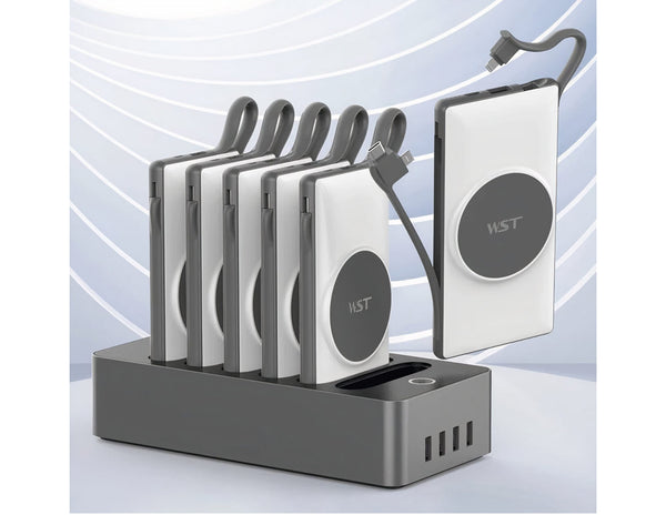 Set of wireless chargers on a charging station with 'WST' branding.