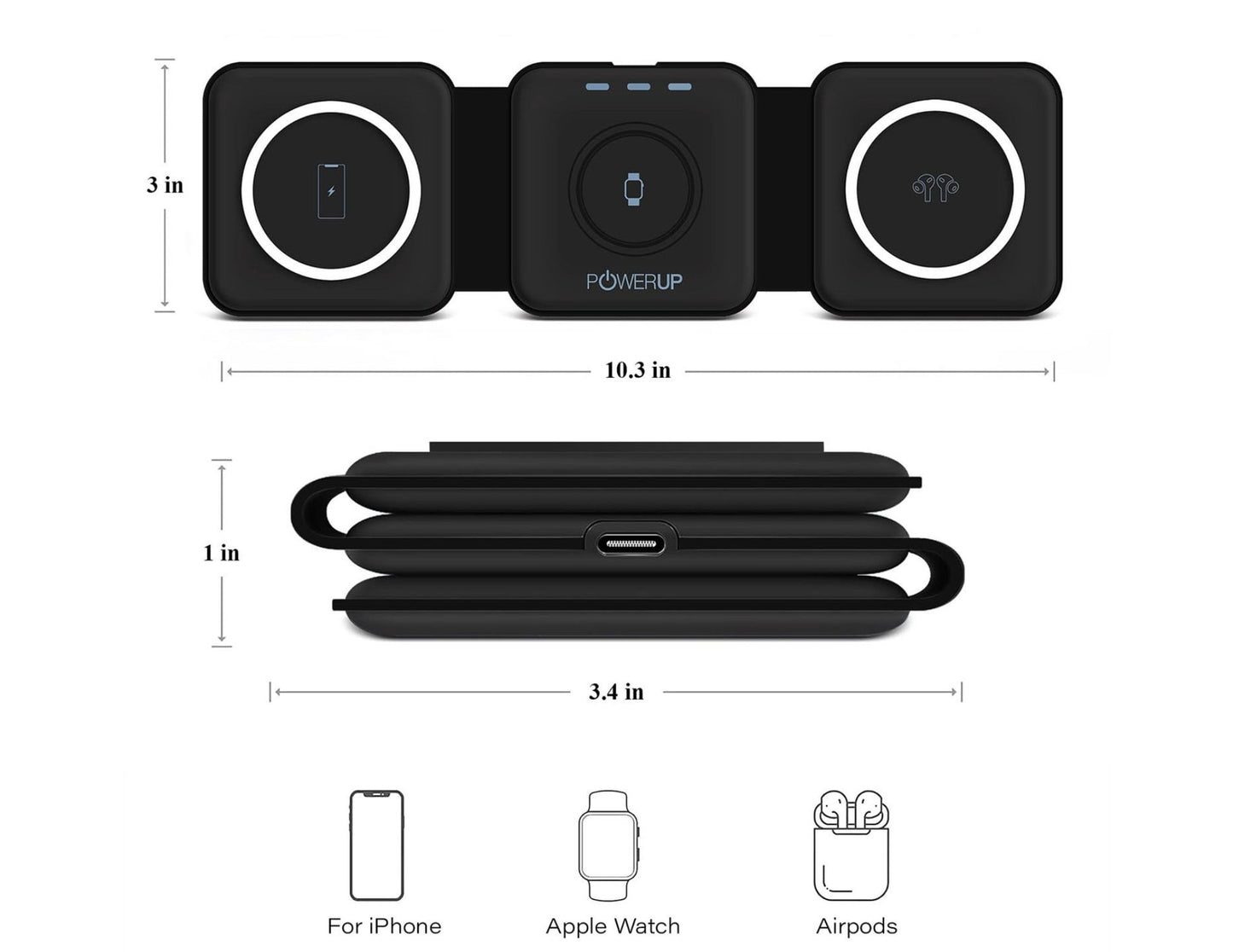 Black Gripp 3-in-1 Foldable MagSafe Magnetic Wireless Charger – GR-WLC3M with dimensions and compatibility icons on a white background