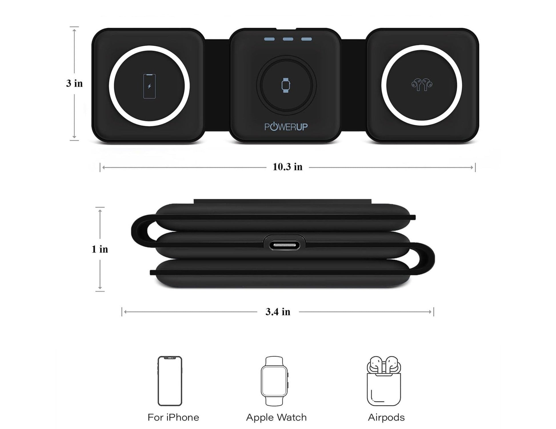 Black Gripp 3-in-1 Foldable MagSafe Magnetic Wireless Charger – GR-WLC3M with dimensions and compatibility icons on a white background