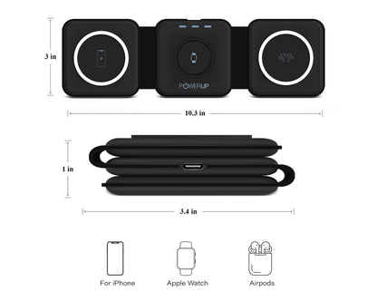 Black Gripp 3-in-1 Foldable MagSafe Magnetic Wireless Charger – GR-WLC3M with dimensions and compatibility icons on a white background