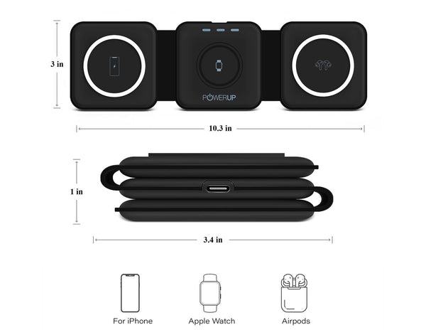 Black Gripp 3-in-1 Foldable MagSafe Magnetic Wireless Charger – GR-WLC3M with dimensions and compatibility icons on a white background