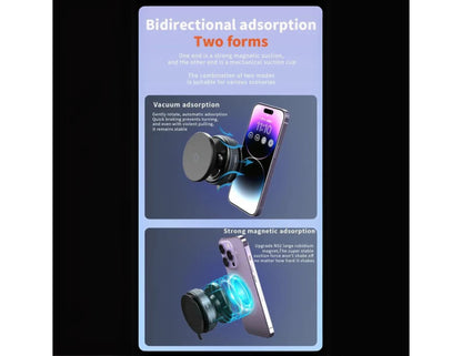 Product advertisement for a magnetic phone holder with two forms of adsorption on a dark background.
