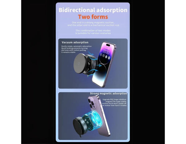 Product advertisement for a magnetic phone holder with two forms of adsorption on a dark background.