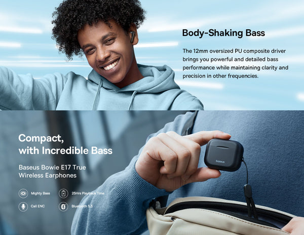 Person holding wireless earphones with promotional text about bass performance.