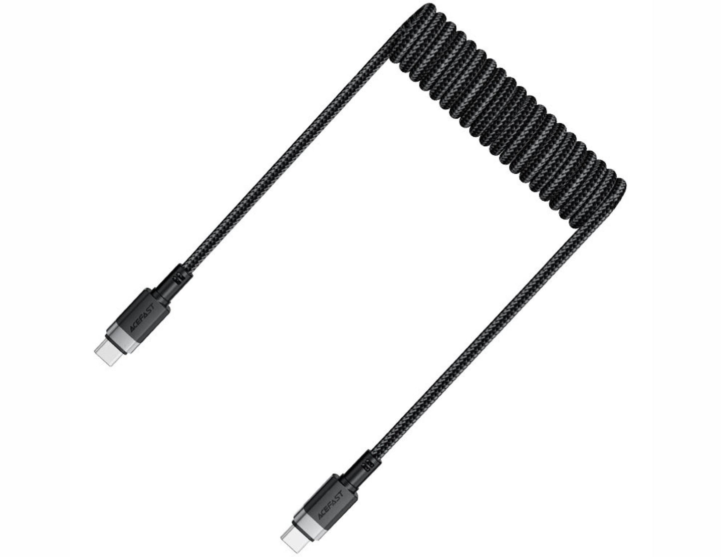 Coiled black cable with USB connectors on a white background