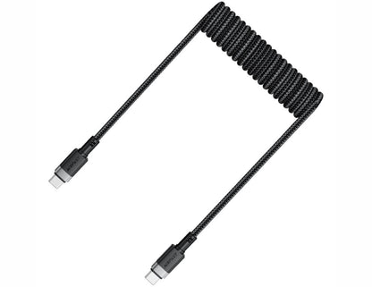 Coiled black cable with USB connectors on a white background