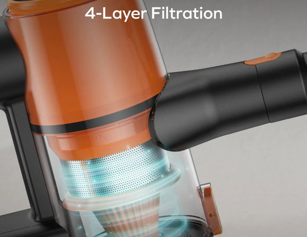 Close-up of a vacuum cleaner's filtration system with four layers highlighted.