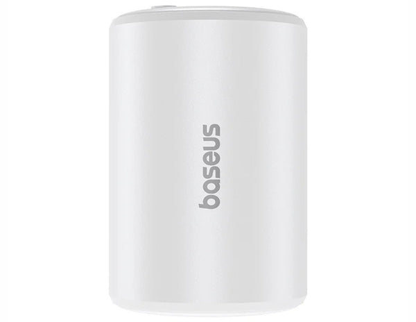 White cylindrical device with 'baseus' branding on a white background