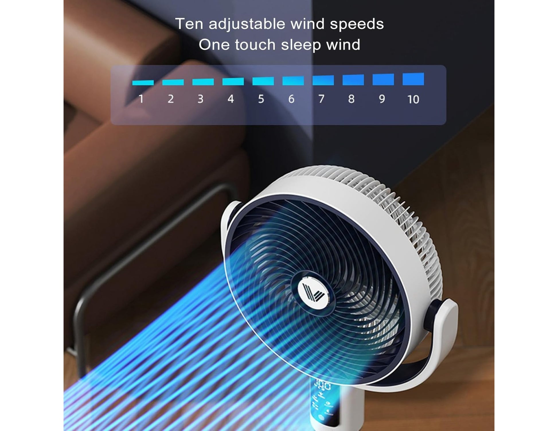 Portable fan with adjustable wind speeds displayed on a blurred background