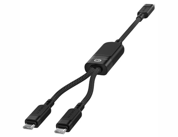 Black multi-device charging cable with two connectors on a white background