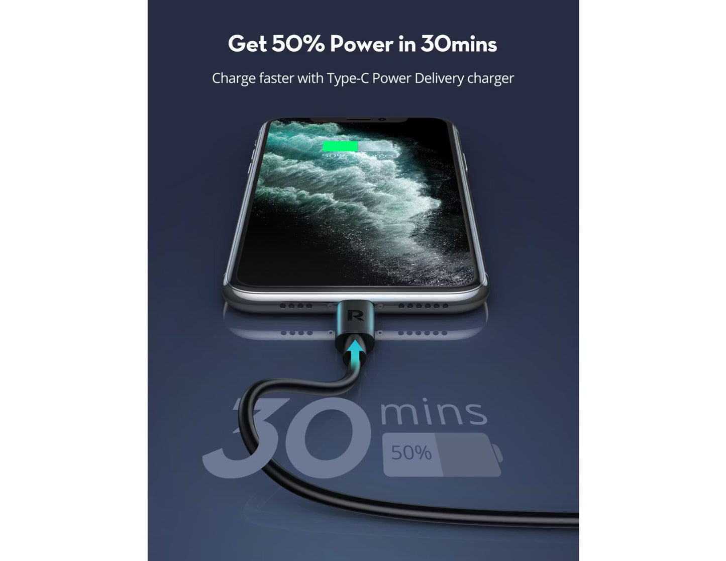كابل RAVPower RP-CB062 من النوع C إلى Lightning بطول 1 متر - كابل شحن سريع للآيفون