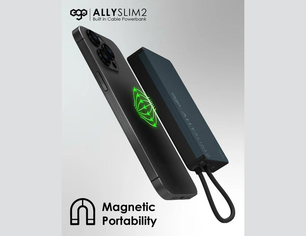 AllY Slim2 powerbank with magnetic portability feature on a gray background