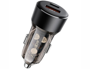 Car charger with dual USB ports on a white background