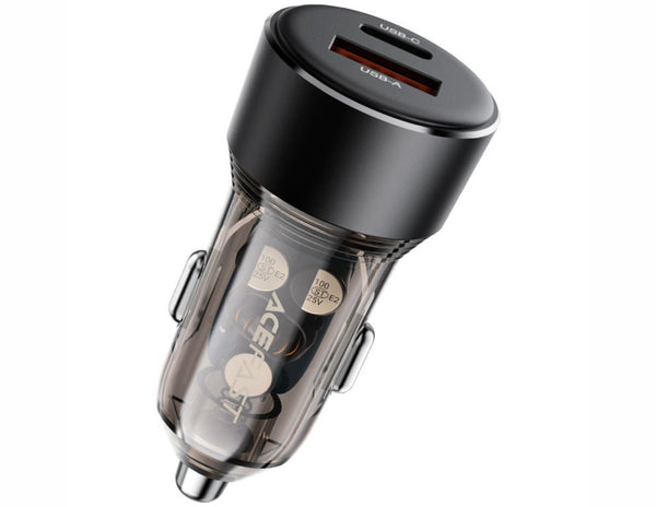 Car charger with dual USB ports on a white background