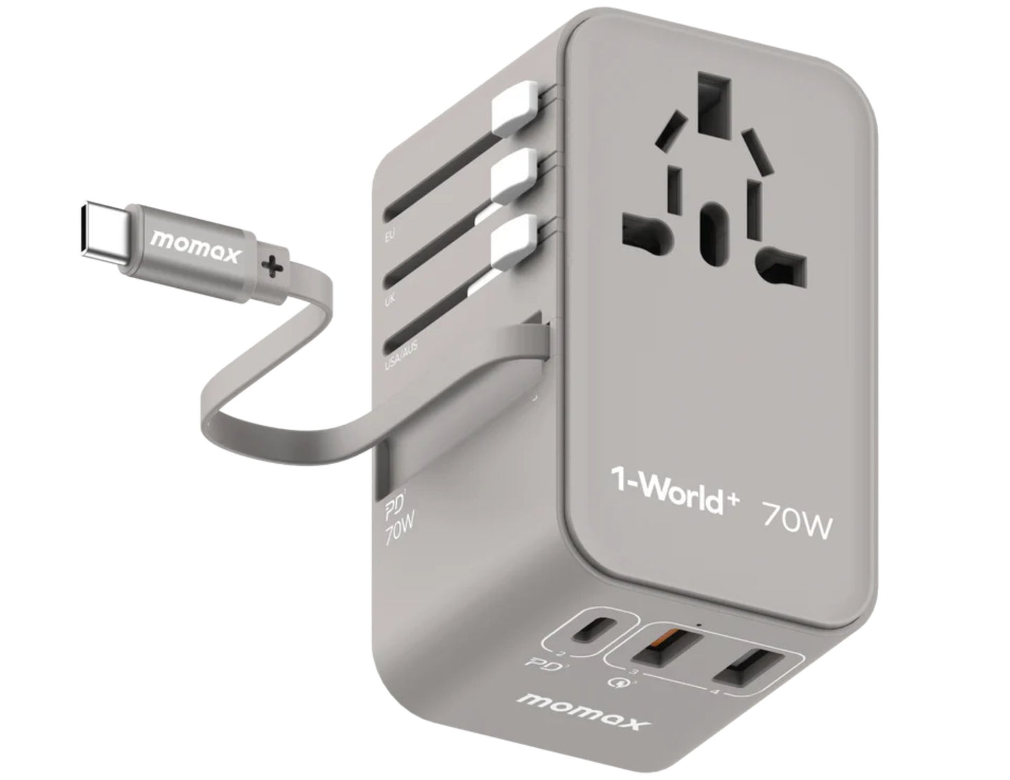 Gray Momax 1‑World+ 70W GaN 3‑Port Travel Adapter with Retractable USB‑C Cable – UA18 on a white background