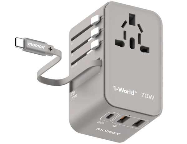 Gray Momax 1‑World+ 70W GaN 3‑Port Travel Adapter with Retractable USB‑C Cable – UA18 on a white background