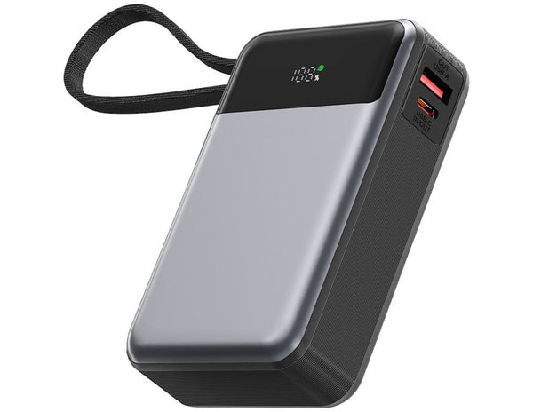 Black power bank with digital display on a white background