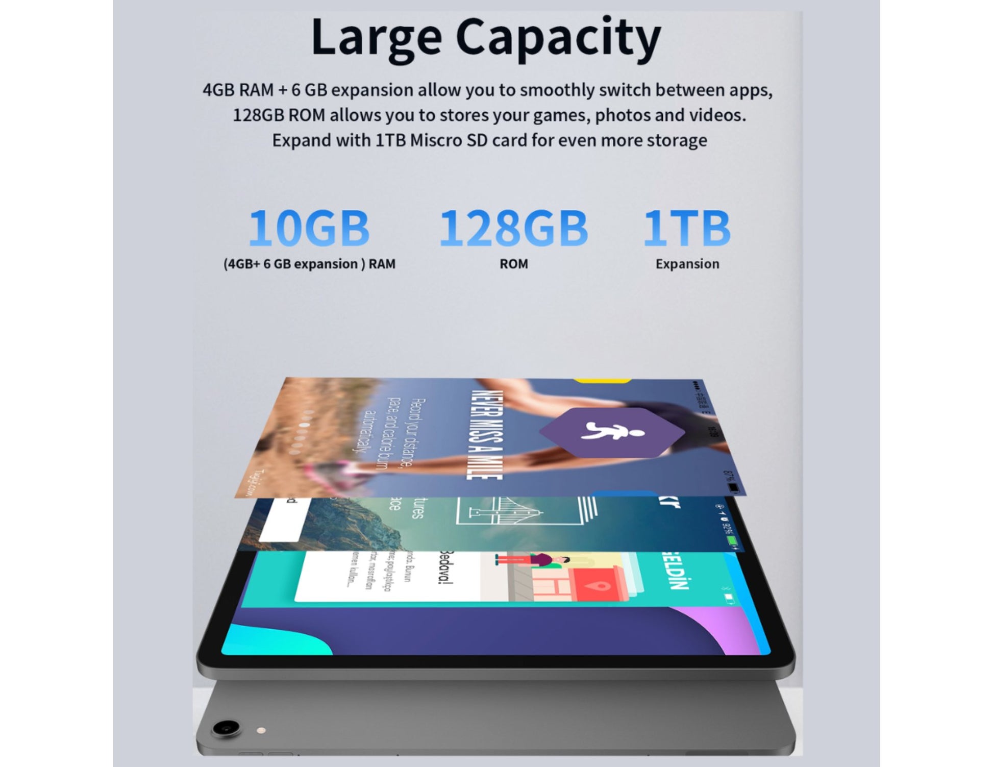 G-Tab PAD 10 Pro – 10.1" IPS Tablet (Android 14, 10GB RAM, 128GB ROM, 6580mAh, 5G WiFi) with storage capacity options displayed on a gray background