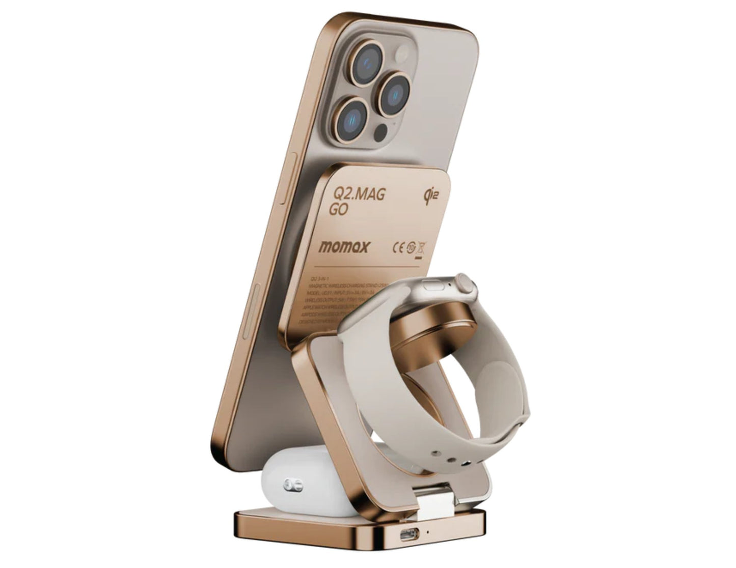 Smartphone with a ring stand and earbuds on a white background