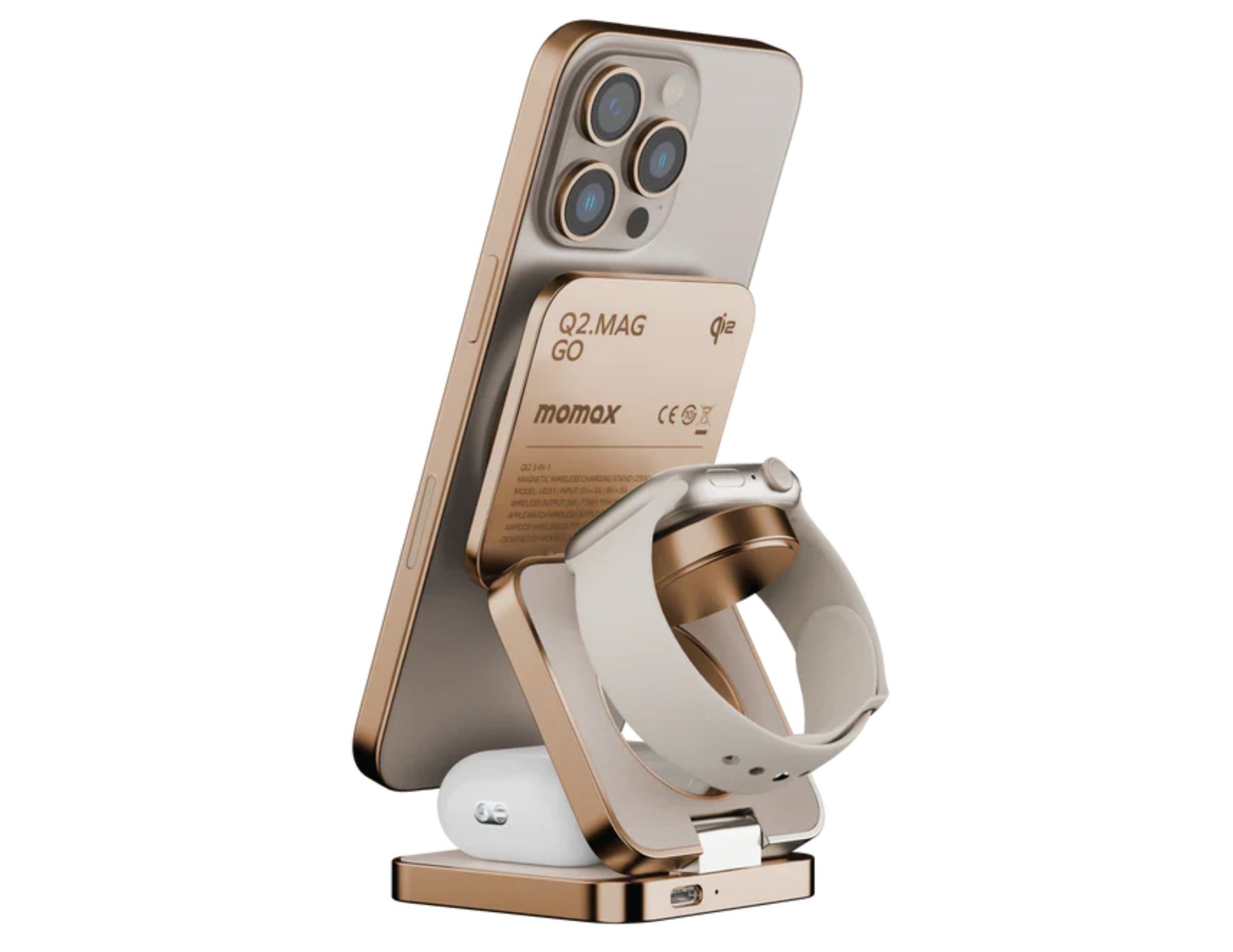 Smartphone with a ring stand and earbuds on a white background