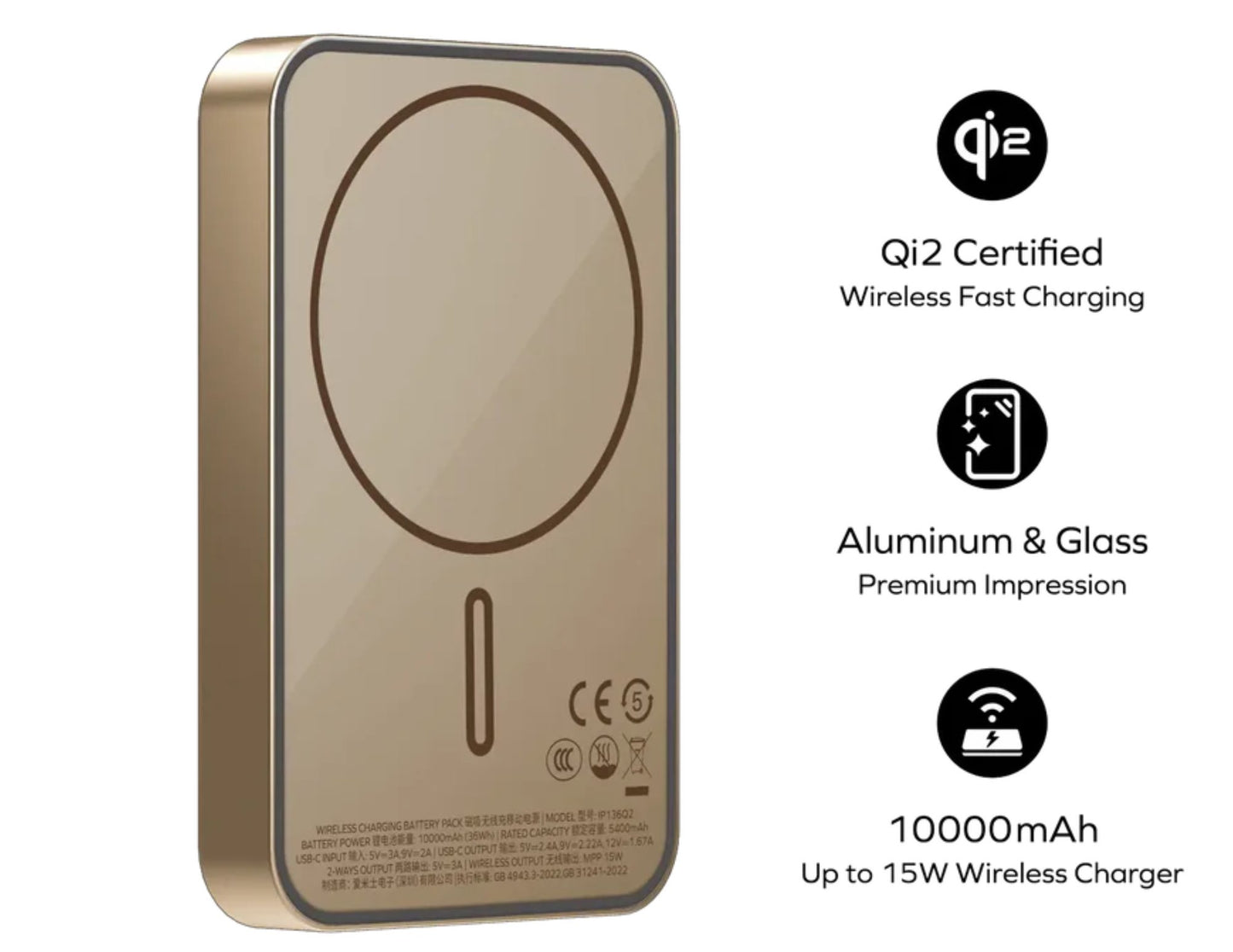 Wireless charging pad with QI2 certification on a white background