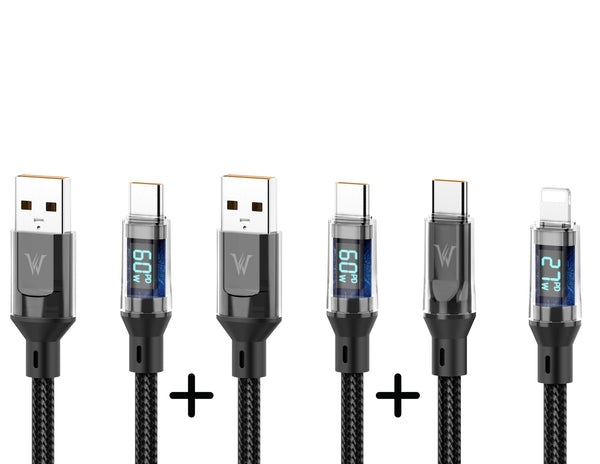 Set of six USB cables with digital displays on a white background