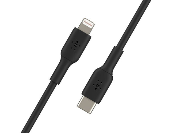 Black cable with USB-C and Lightning connectors on a white background