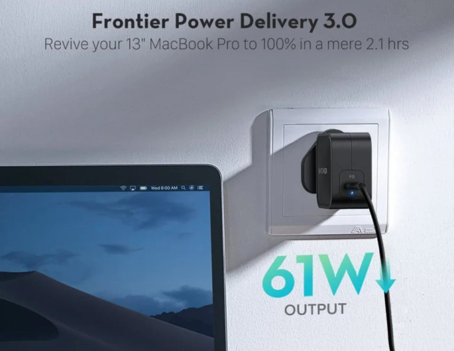 شاحن حائط RAVPower PD Pioneer 61W GaN - RP-PC112 أسود، قابس المملكة المتحدة