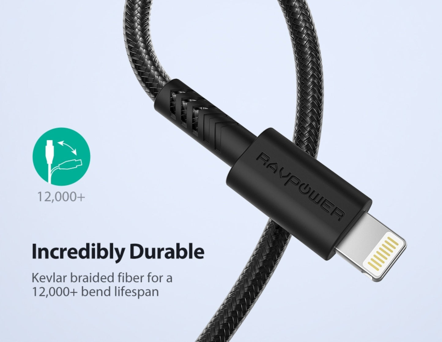 كابل RAVPower RP-CB042 Lightning بطول 2 متر - مضفر بخيوط النايلون، شحن سريع