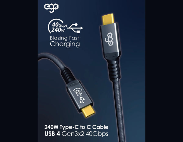 240W Type-C to C cable with charging specifications on a dark blue background