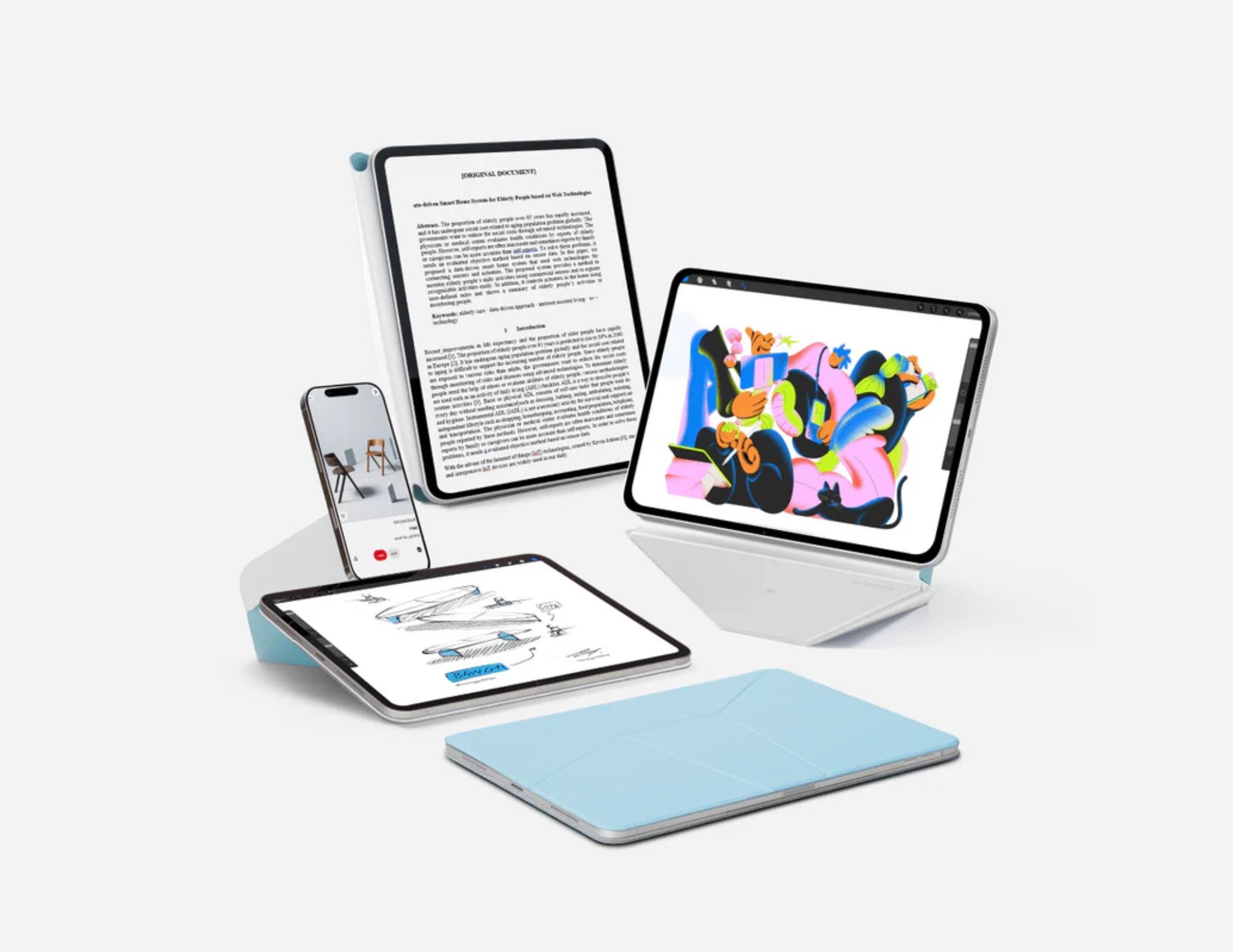 Multiple electronic devices including tablets and a phone on with Moft Dynamic Folio Case for iPad Pro 13-inch (M4) a white background
