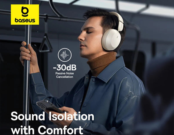 Person wearing headphones with baseus logo and text about noise cancellation on a train.