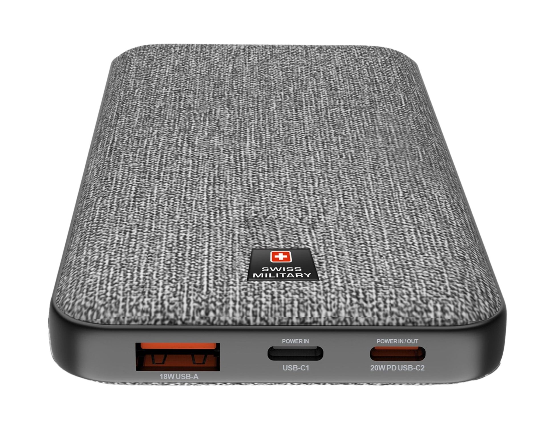 Gray textured power bank with Swiss Military logo on a white background