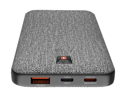 Gray textured power bank with Swiss Military logo on a white background